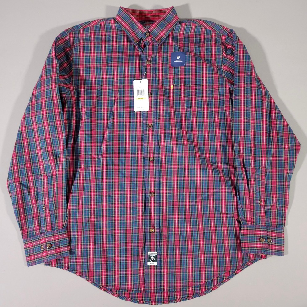 IZOD Button Down Shirt Mens Medium Real Red Heritage Tartan Plaid Long Sleeve